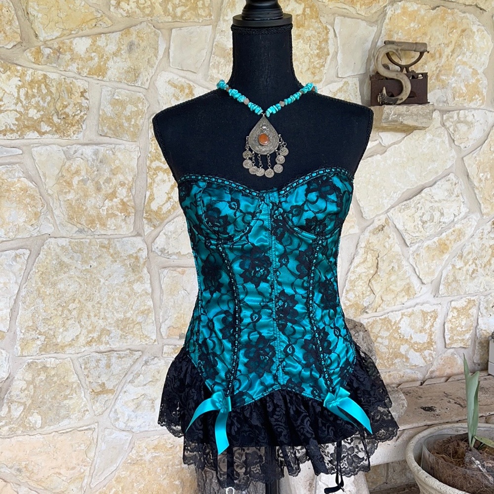 Turquoise and black lingerie set w/ garter